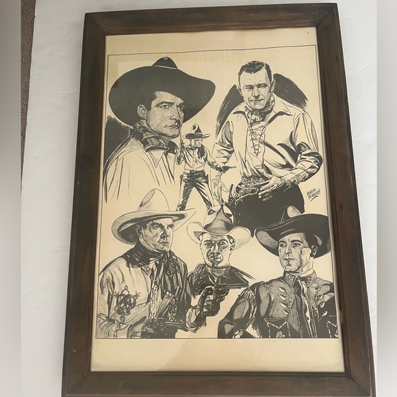 BUCK JONES 6 Cowboys Litho Print by Mario DeMarco Framed 14"X20"(VTG-RARE) - Picture 1 of 5